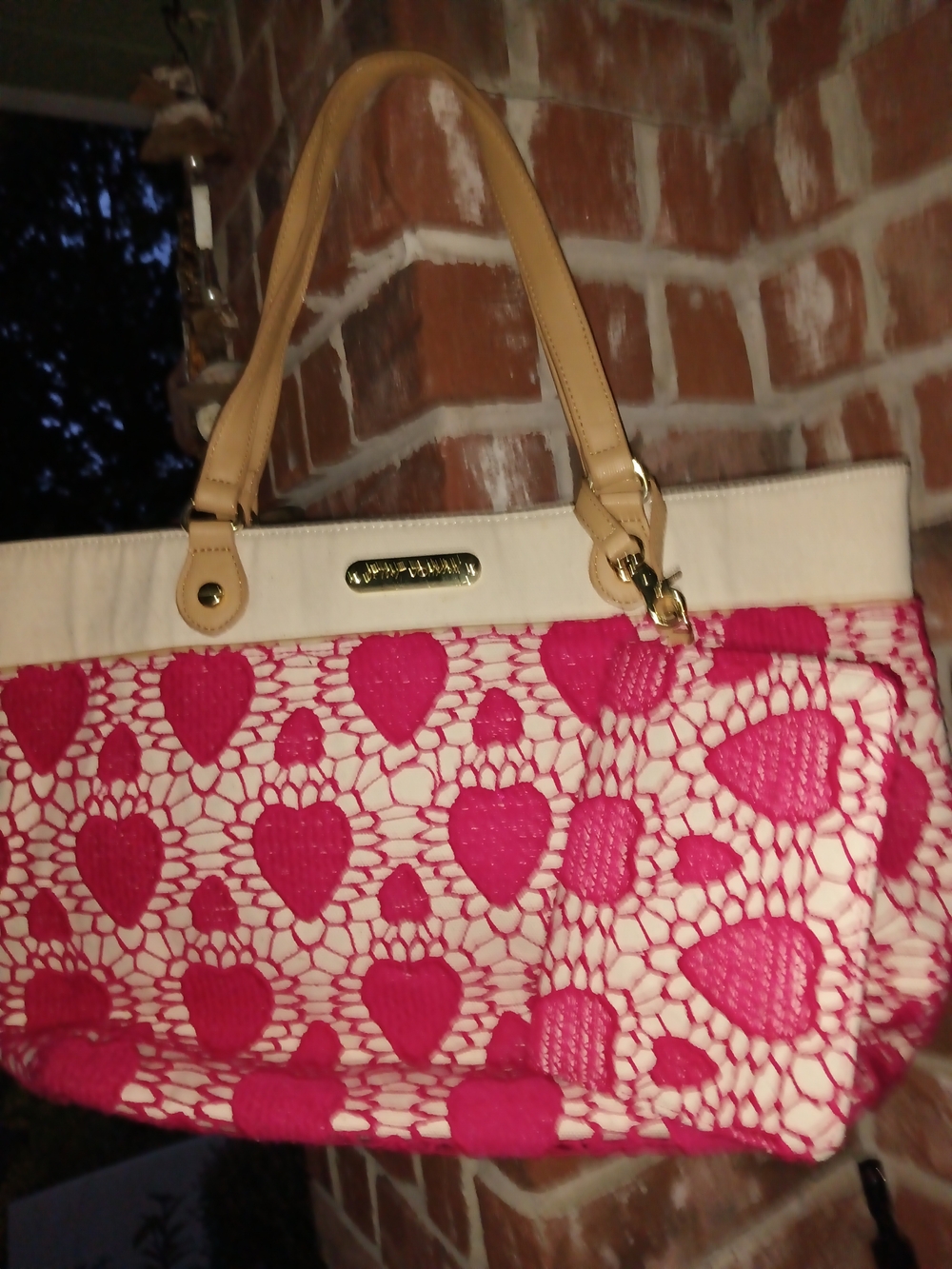 Betsey Johnson Pink Heart Lace Tote with Cream Top and Tan Handles